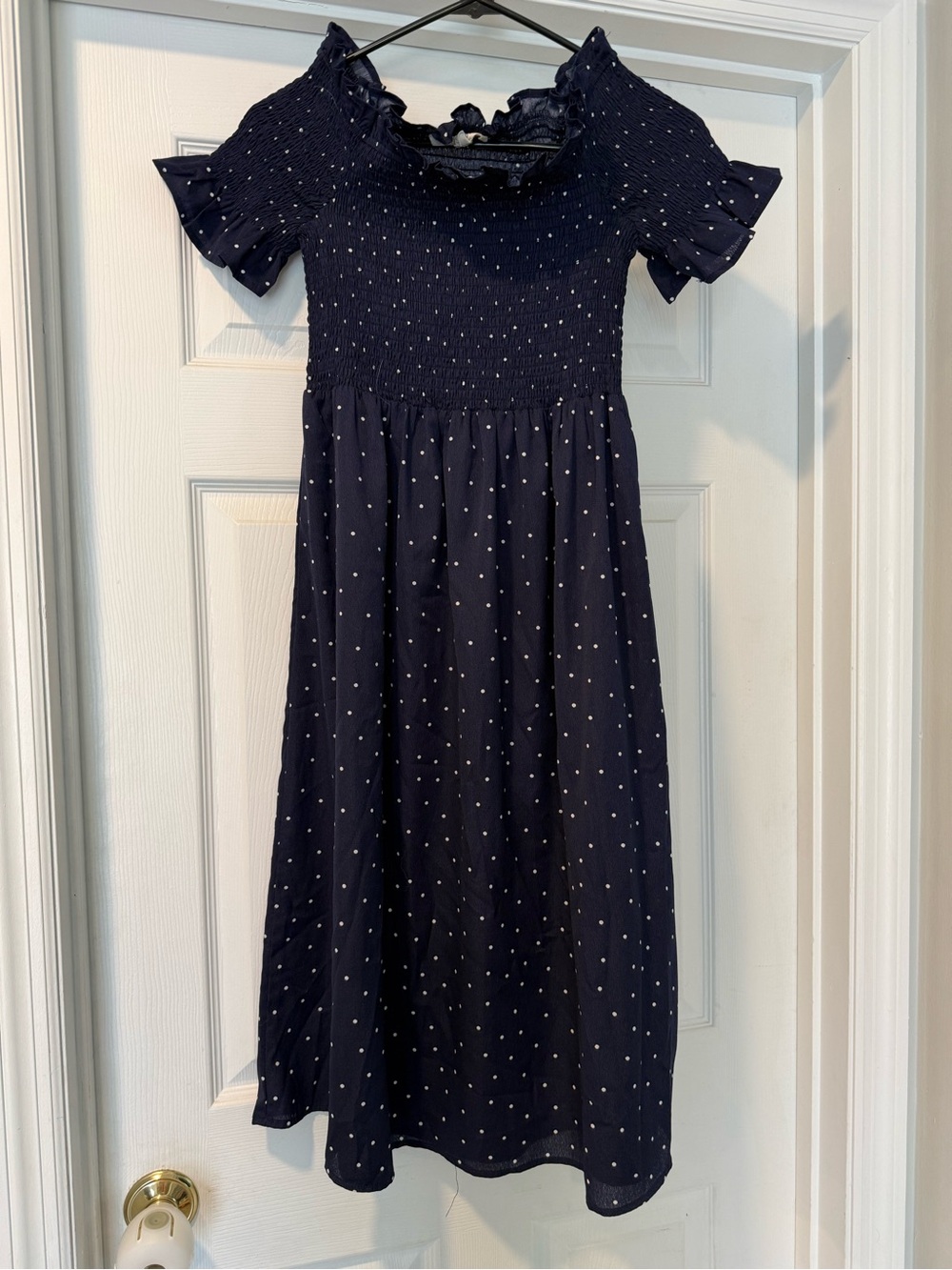 Maternity Navy Blue Polka Dot Smocked Dress